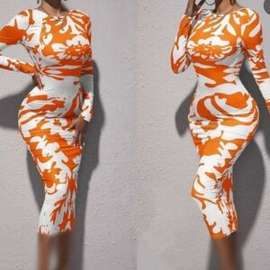 SHEIN Orange and White Long Sleeve Dress
